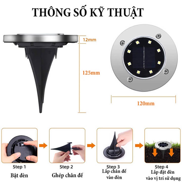 Đèn Năng Lượng Mặt Trời Cảm Biến Ánh Sáng Cắm Cỏ Trang Trí Sân Vườn, Lối Đi, Tiểu Cảnh 8 Led, Chống Nước IP65