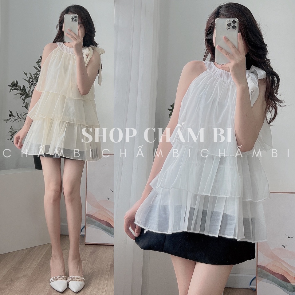 Váy kiểu tiểu thư V.113, Váy tơ cổ yếm thắt nơ dáng babydoll xòe tầng sang chảnh - Thời trang nữ Chấm Bi