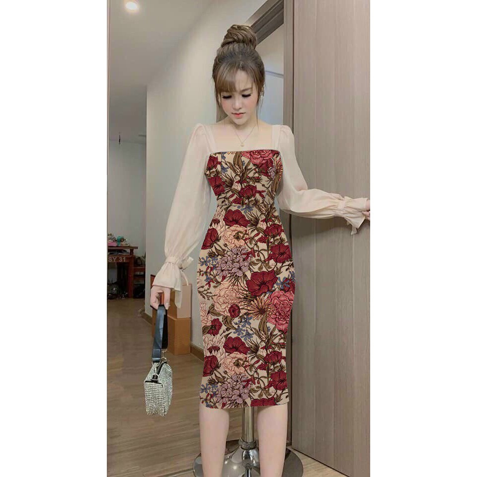 TTL-đầm họa tiết phối voan ôm body cổ vuông tay voan dài bo chun thời trang nữ cao cấp