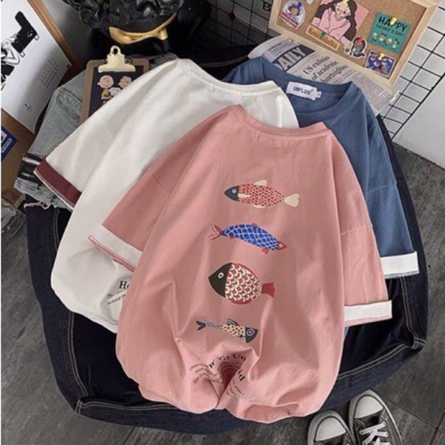Áo thun tay lỡ form rộng phối tay in hoạ tiết chú cá - Unisex nam nữ đều mặc được