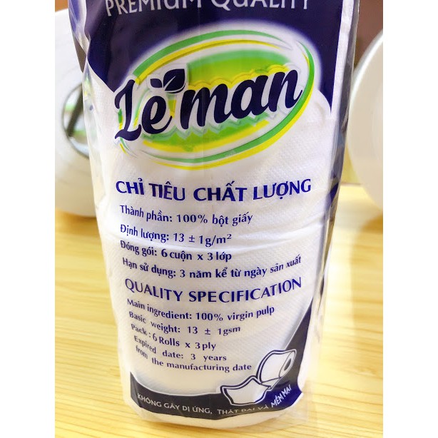 giấy vệ sinh 3 lớp Leman xanh 1 lốc 6 cuộn 600 gram