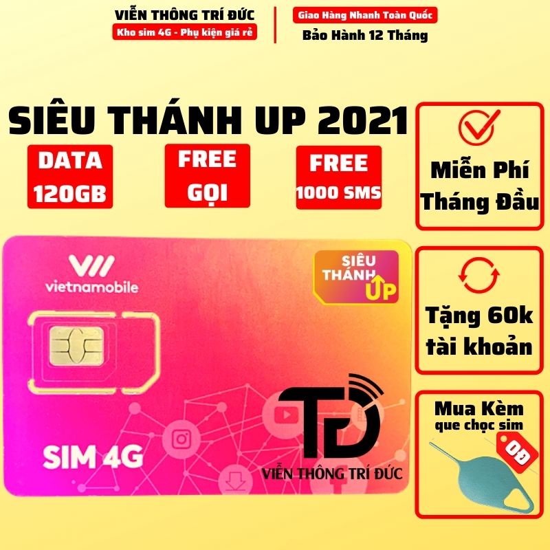 Sim 4G Vietnamobile Siêu Thánh Up Data (180Gb-120Gb) Không giới hạn tốc độ thường - Free gọi & nhắn tin - Sim 4G giá rẻ