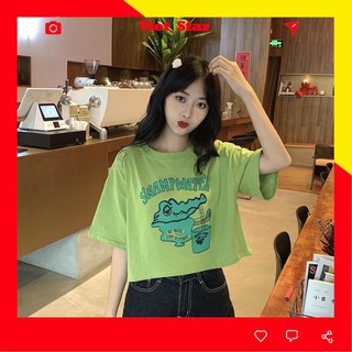 Áo croptop form rộng tay lỡ cổ tròn in Cá Sấu, 3 màu xanh/vàng/trắng VST