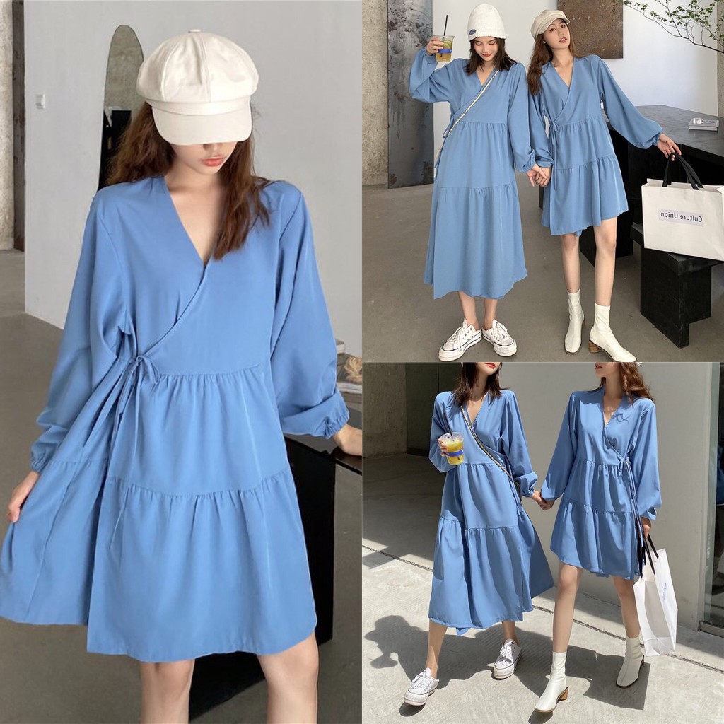 Váy babydoll xanh đắp chéo 2 phiên bản ngắn - dài