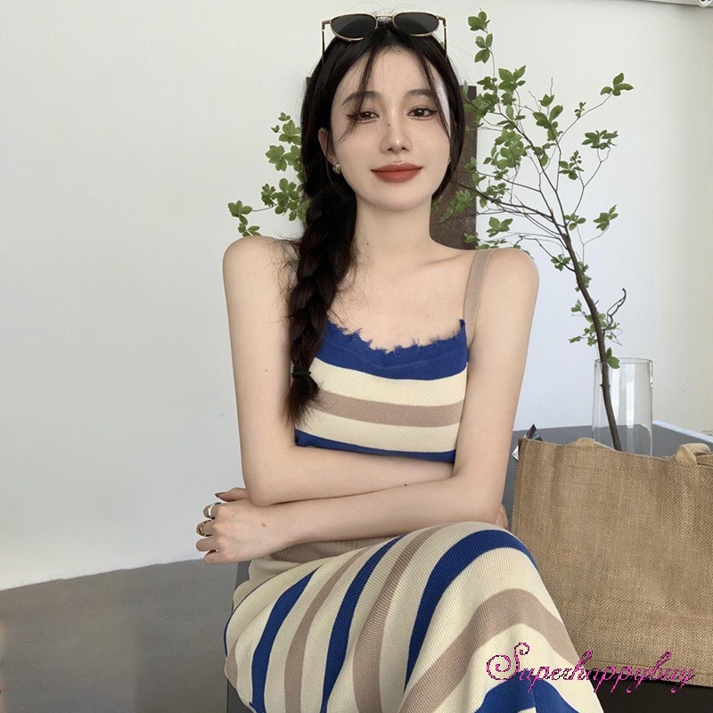 Đầm Hai Dây Ôm Dáng Họa Tiết Kẻ Sọc Màu Tương Phản Cho Nữ