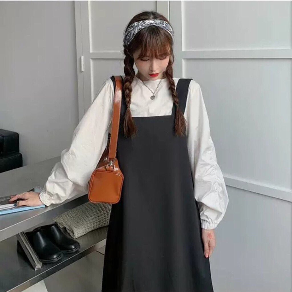 SV006 Bộ yếm kaki đen và áo sơ mi trắng tay bồng tiểu thư nữ tính, bộ váy hai dây dài suông và áo chất đũi cute babydoll | BigBuy360 - bigbuy360.vn