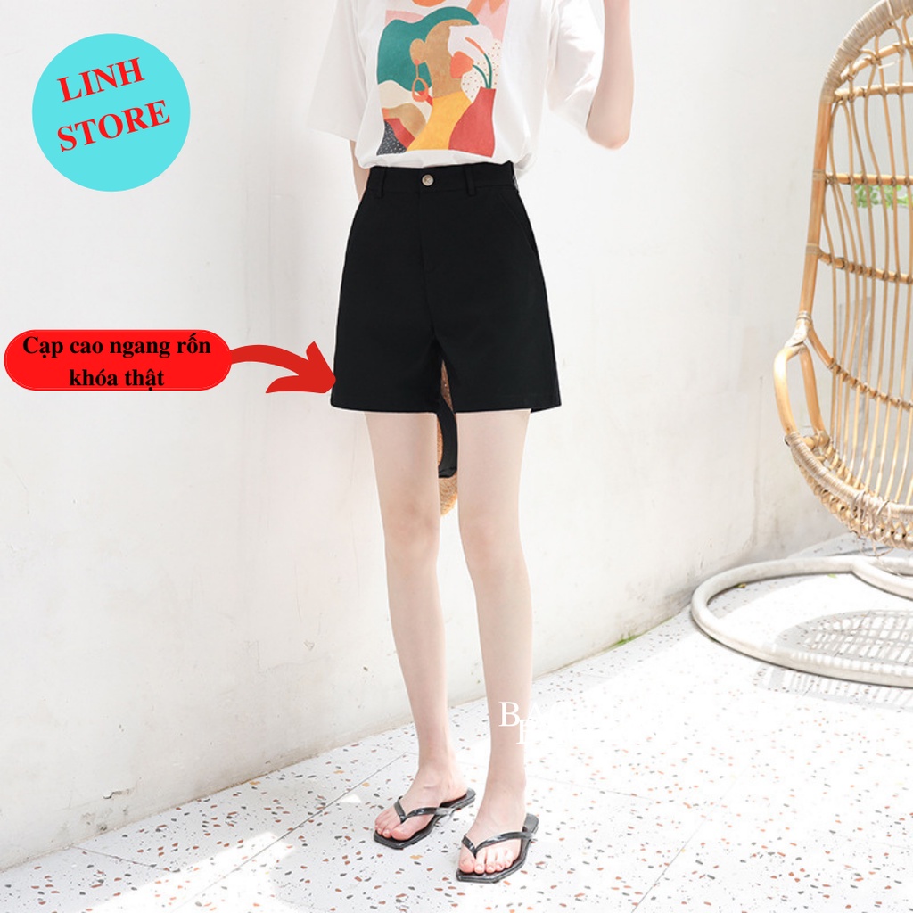 Quần Short Nữ Lưng Cao Linh Store Dáng Ngắn Khóa Thật Chất Liệu Umi Hàn Mặc Đi Làm Đi Học
