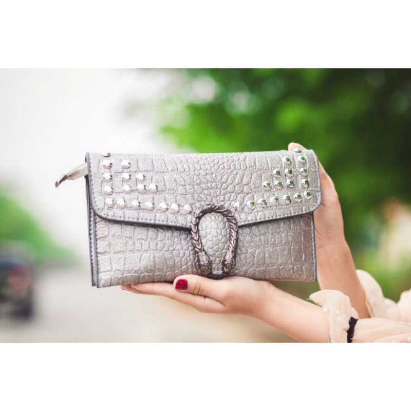 Clutch đầu rồng, ví cầm tay dự tiệc kèm dây đeo sang trọng, hai ngăn khóa kéo miệng (kèm ảnh thật)