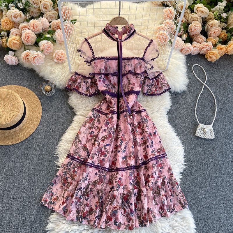 Váy ren hoa xòe ngắn tay hàng thiết kế cao cấp ulzzang (Hàng oder chuẩn hình 100%) 260221