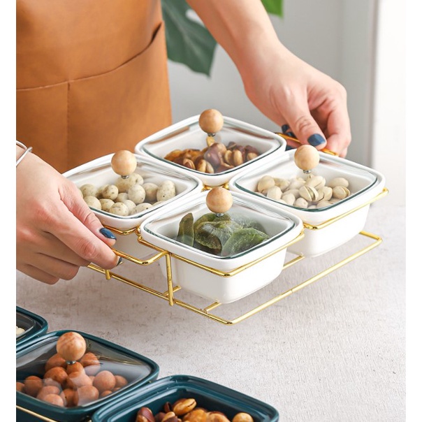 Khay Sứ Có Ngăn Đựng Đồ Ăn Vặt/Kẹo/Thức Ăn Vặt Chống Ẩm Có Nắp Đậy