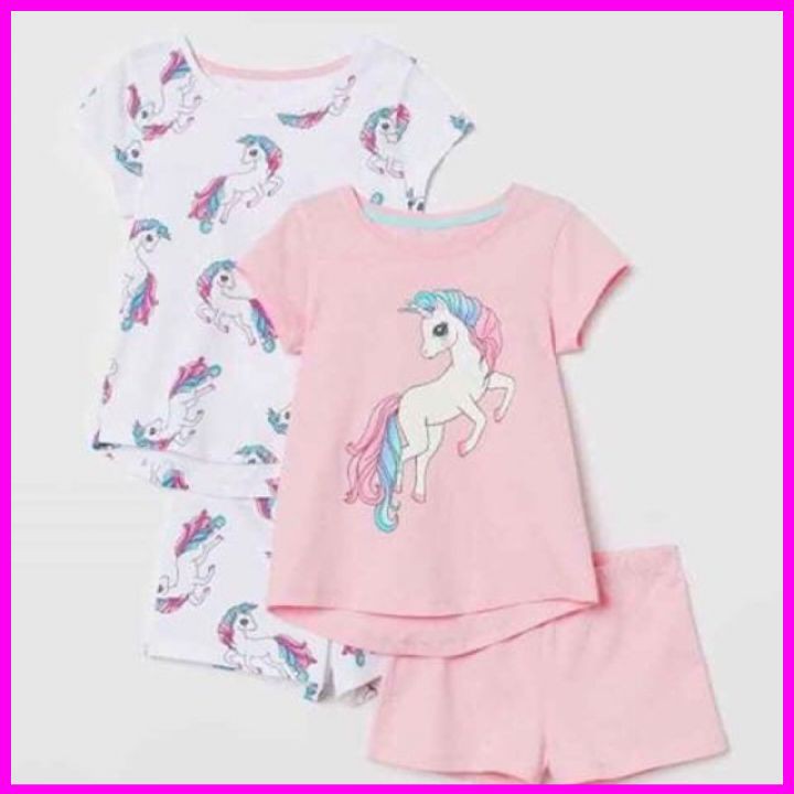 Bộ quần áo cộc tay bé gái HM hình Unicorn màu hồng chất mát phù hợp cho bé từ 2-10 tuổi