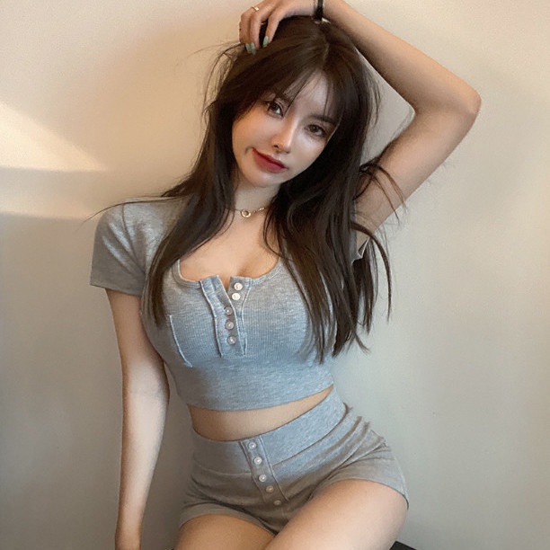 Suit Short Sleeve Shirt + Mini Shorts Crop Top High Waist Shorts Women's Fashion