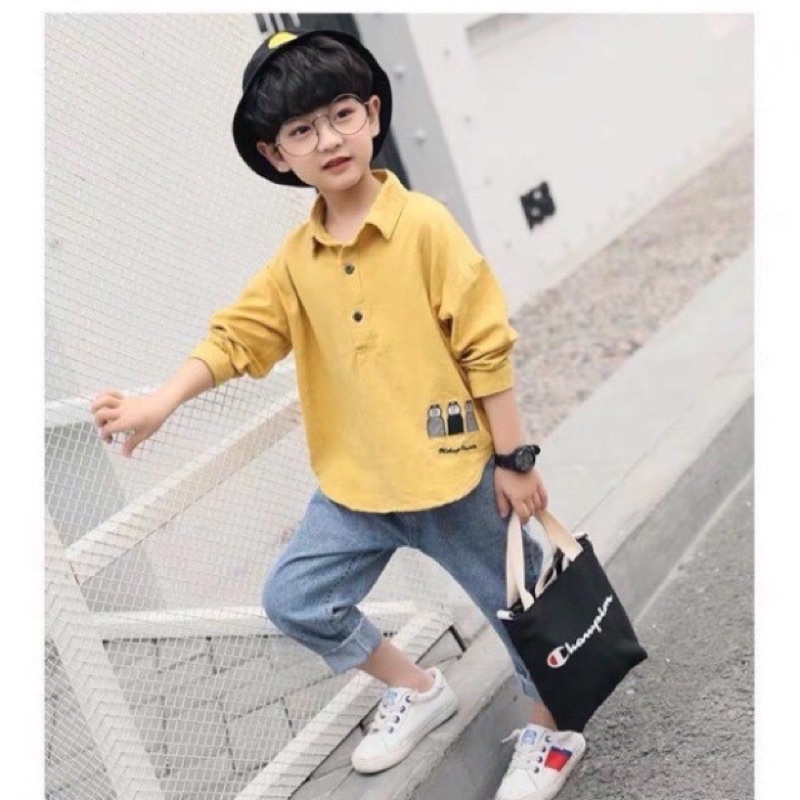Xả Set áo sơ mi đũi cổ bẻ kèm quần jean cho bé trai