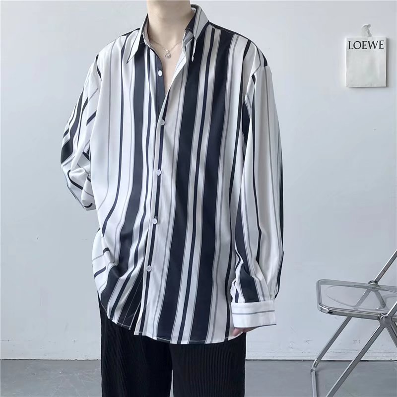 Áo Sơ Mi Dài Tay Dáng Rộng Hoa Văn Kẻ Sọc Phong Cách Retro Hàn Quốc Dành Cho Nam