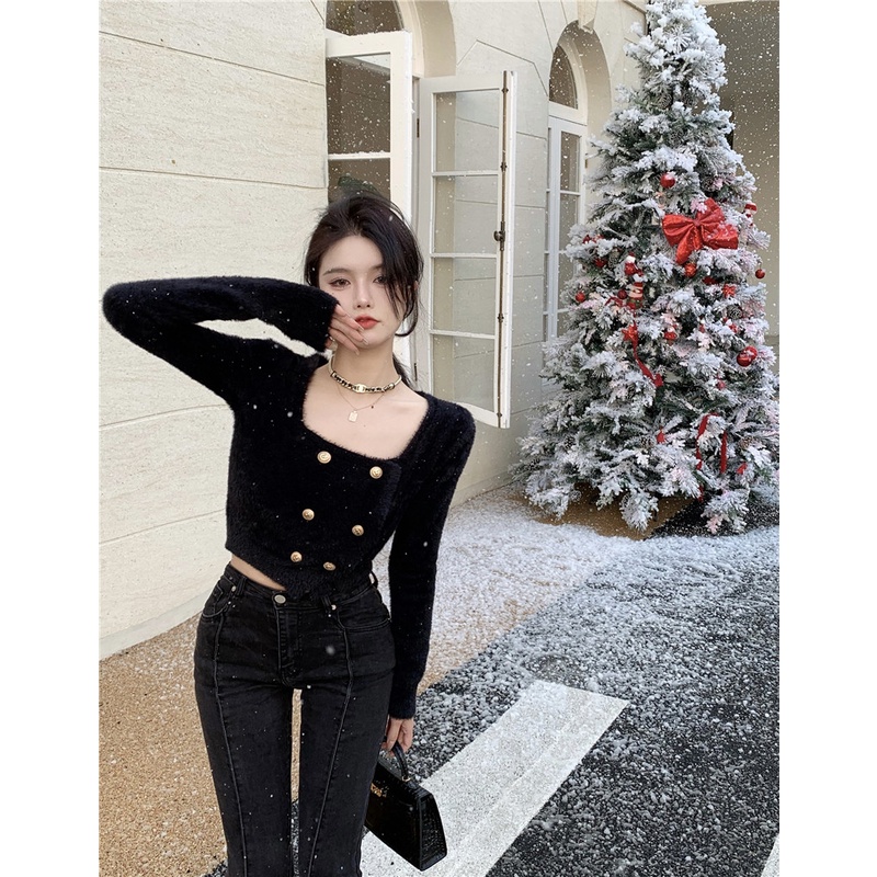 Áo sweater Dệt Kim Mỏng Phối Lông Chồn Phong Cách Hàn Quốc Mới