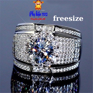 Nhẫn nam kim cương đính đá sang trọng, nhẫn nam thời trang phong cách, freesize