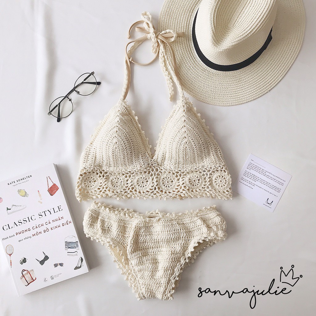 BIKINI Bộ đồ bơi nữ đi biển 2 mảnh đan len móc áo cổ yếm có sẵn mút quần tam giác