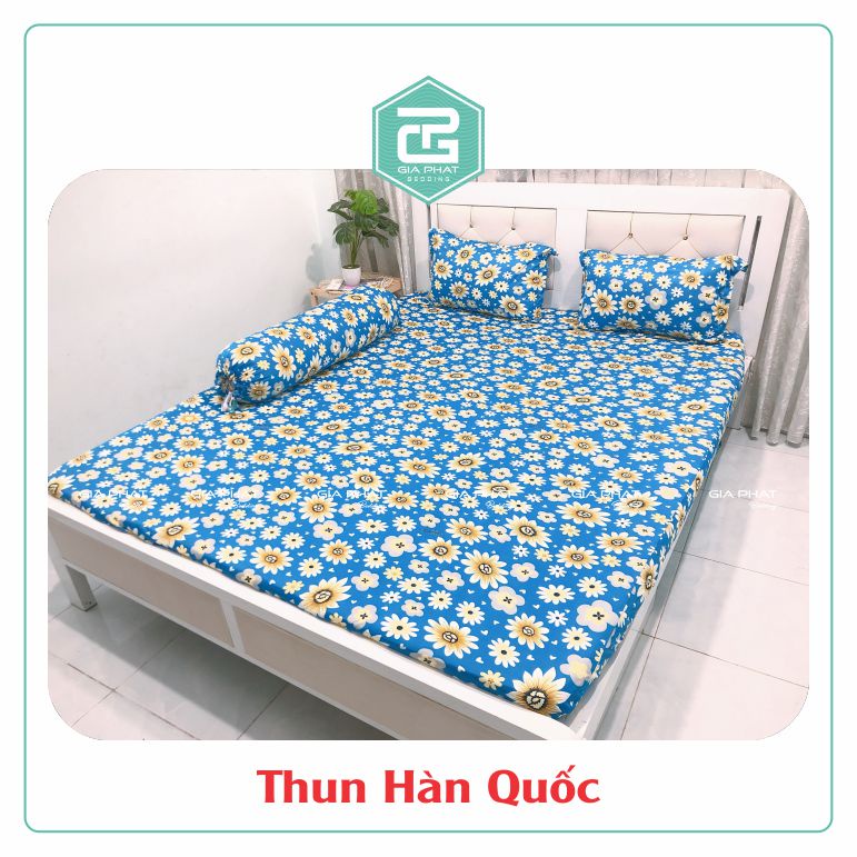 Bộ Ga Gối Thun Lạnh Hàn Quốc {4 Món} họa tiết Cúc Lớn( 1 ga bọc + 2 vỏ gối nằm + 1 vỏ gối ôm )