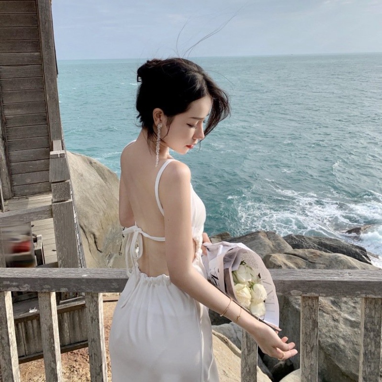 Váy đi biển trắng LUHAZO cổ yếm maxi body sexy đi tiệc  nữ đẹp 2 dây dáng dài bigsize  Hàn Quốc hở lưng  1072 DK5T403
