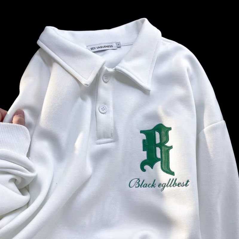 Áo sweater polo dài tay chữ R xanh unisex dưới 80kg Ununisex  - Sweater polo chữ R xanh ununisex