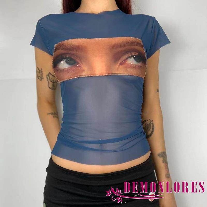 Áo Thun Crop Top Phối Lưới In Hình Đôi Mắt Quỷ Phong Cách Harajuku Vintage Thời Trang 2000s y2k
