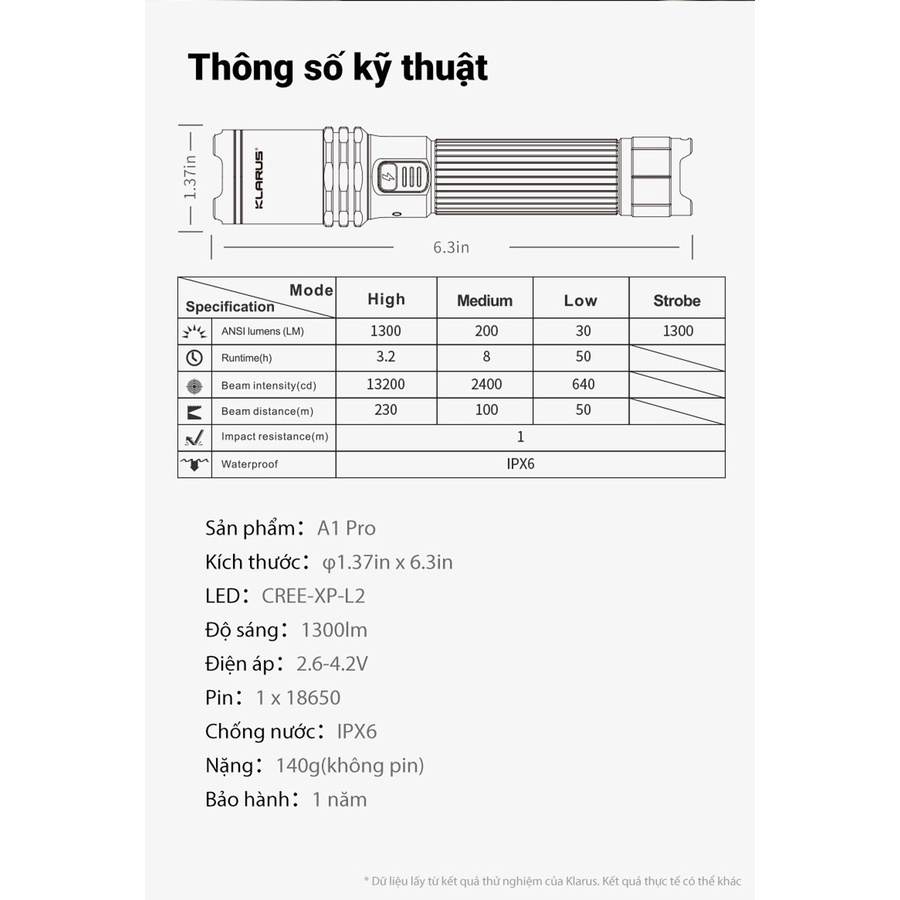 Đèn pin KLARUS A1 Pro độ sáng 1300 lumen chiếu xa 230 mét cổng sạc USB-C pin 18650 2600mAh