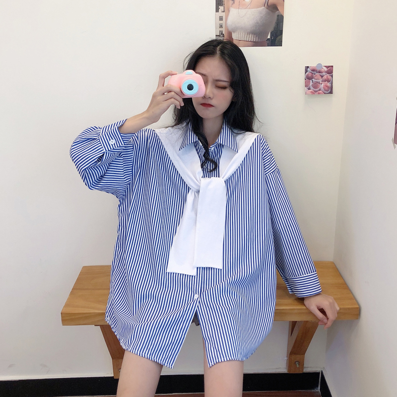 Set Áo Sơ Mi Tay Dài Kẻ Sọc + Khăn Choàng Thời Trang Mùa Thu Cho Nữ