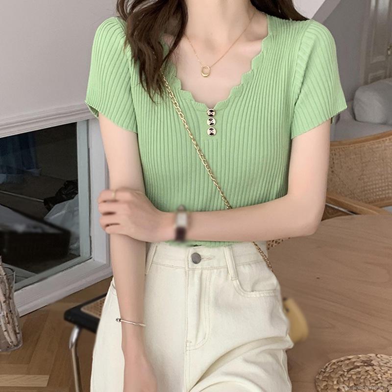 Áo Thun Nữ Ngắn Tay Cổ Chữ V Thời Trang Hàn Quốc