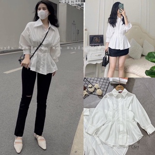 - Áo sơ mi nữ peplum tay dài bo chun eo vải kate mềm mại thời trang công sở siêu đẹp PC