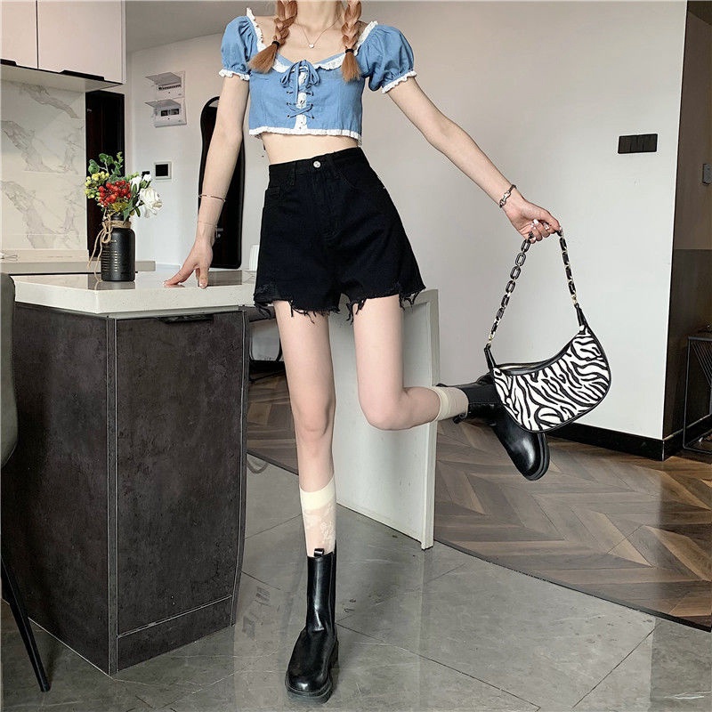 Quần jean ngắn rách lai lưng cao thời trang cho nữ nhiều màu tùy chọn