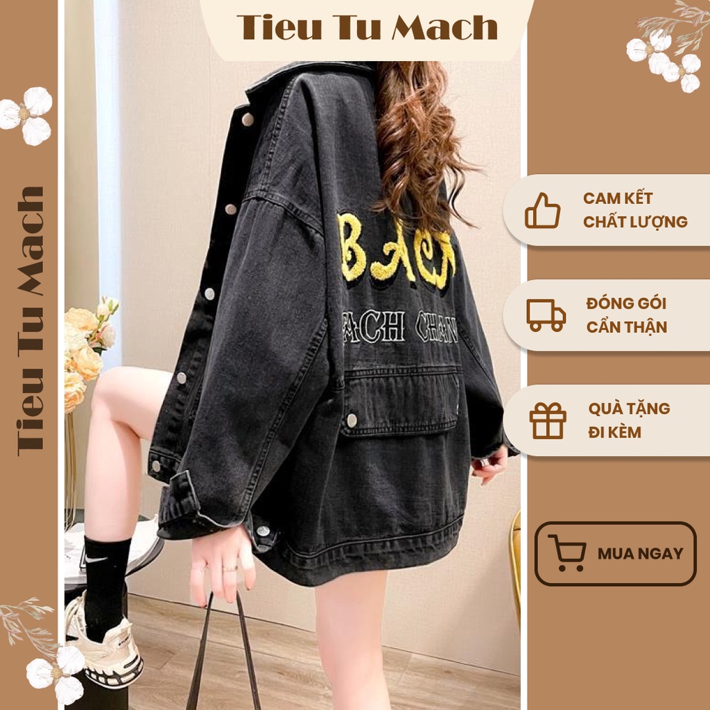 Áo khoác bò Denim thêu chữ sau lưng, theo phong cách ngầu, phiên bản 2022 cho nữ