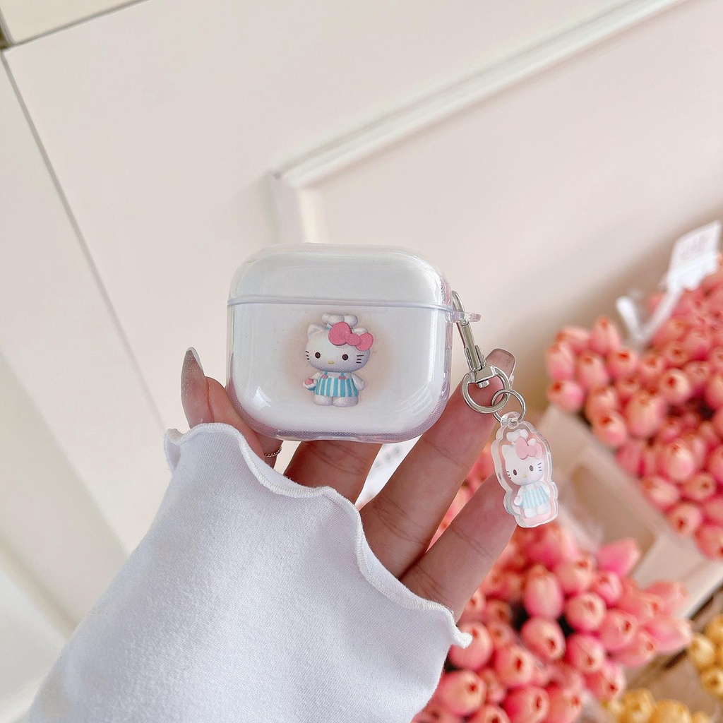 Vỏ Bảo Vệ Hộp Sạc Tai Nghe AirPods 1 2 pro 3 2021 gen3 Bằng Silicon Tpu Mềm Trong Suốt Hình Mèo Kitty Dễ Thương Kèm Móc Treo Chống Thất Lạc