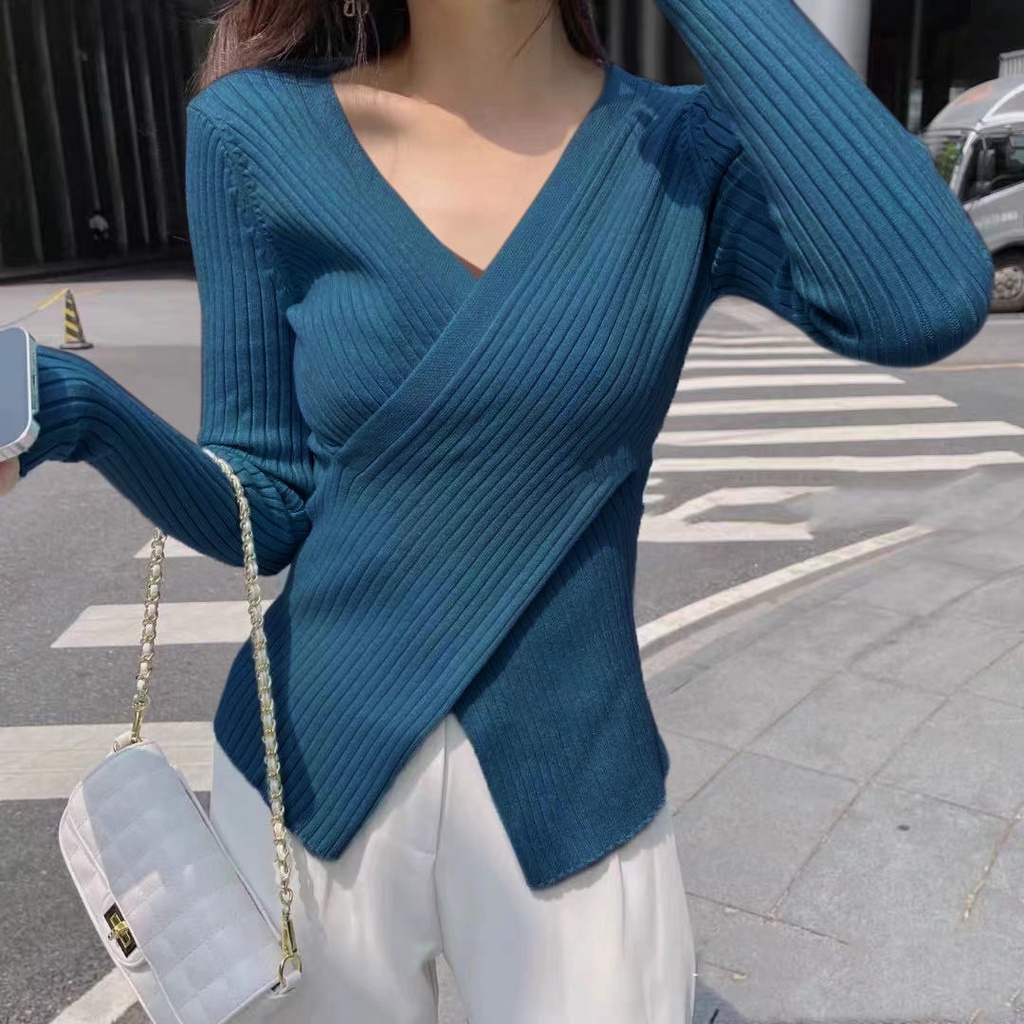 Áo sweater Dệt Kim Tay Dài Cổ Chữ V Màu Trơn Thời Trang Xuân Thu Cho Nữ