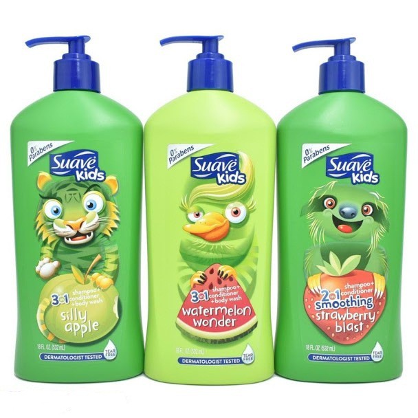 [USA] Sữa tắm, gội & Xả 3in1 cho Bé Suave Kid chai vòi 532ml Táo, Dưa hấu, Dâu không cay mắt - Mỹ