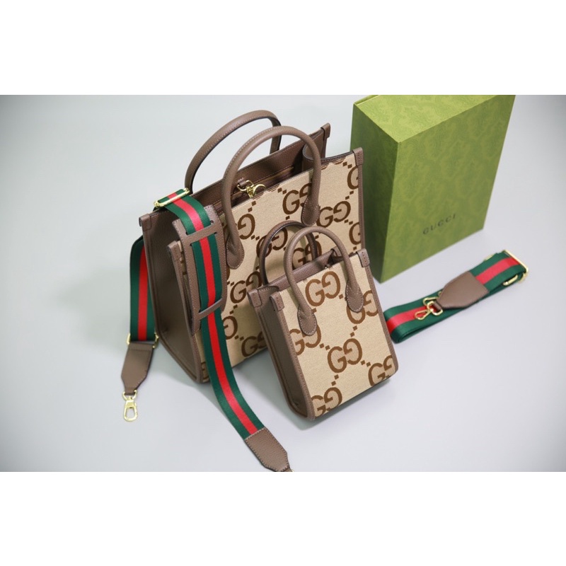 Túi chéo GC TOTE Medium&mini Size 20cm chất vải thêu logo GG hoạ tiết to mix viền da nâu