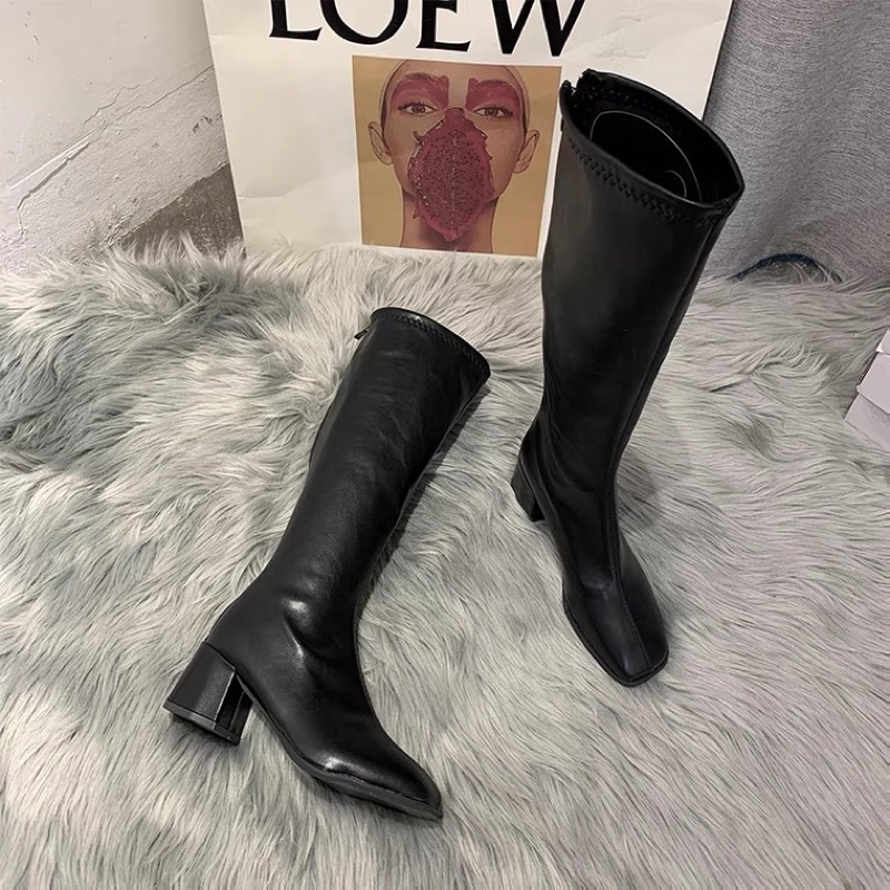 Giày bốt đùi da lót lông cao cấp, giày boot cao gót đế vuông thời trang 2022 dành cho nữ phong cách sang chảnh