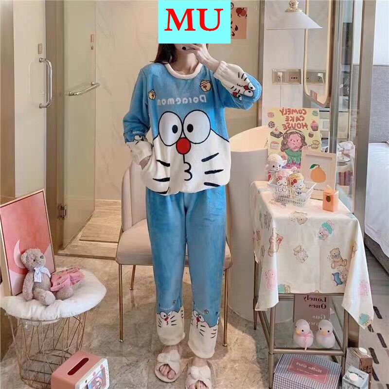 Bộ đồ ngủ lông cừu san hô flannel nhung họa tiết mèo máy đeo chuông Doraemon xanh dương thời trang thu đông dành cho nữ