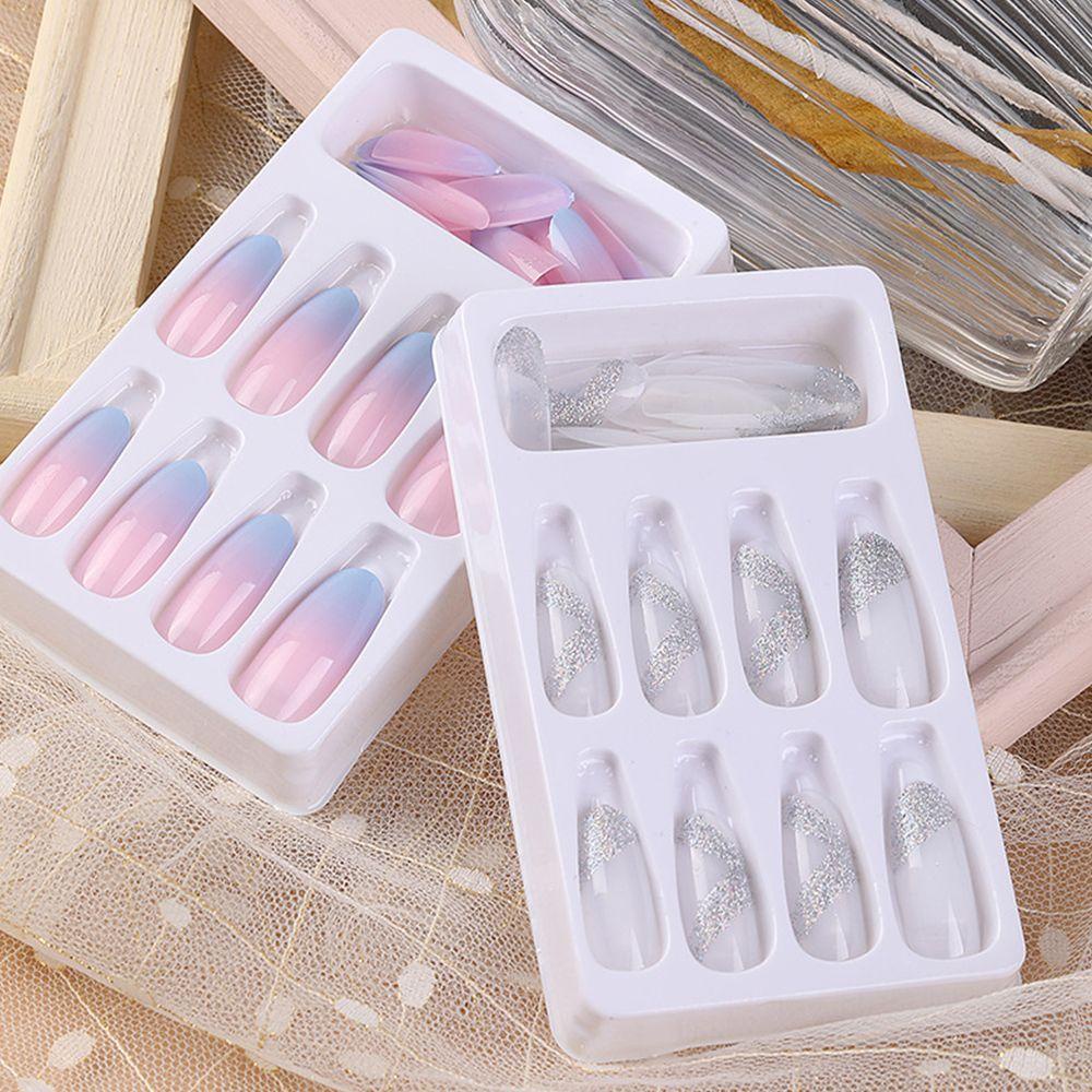 Bộ Móng Tay Giả 24 Móng / Tấm Che Phủ Toàn Diện In Họa Tiết Kẻ Ô Gợn Sóng Phong Cách Pháp DIY
