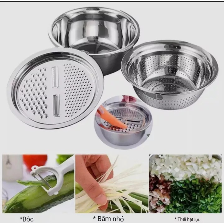 Bộ Thau Rổ bào inox tiện lợi 26 cm, Mâm nạo củ quả tiện lợi 3 trong 1/RỔ BÀO RAU CỦ INOX - BỘ THAU RỔ BÀO RAU CỦ INOX