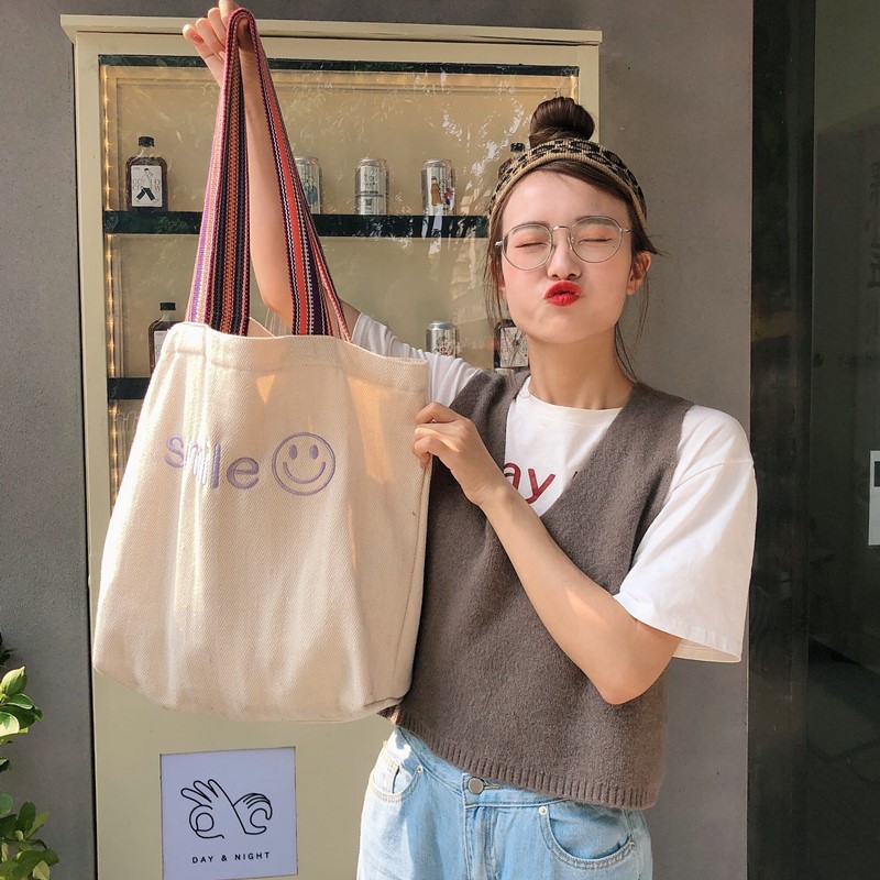 Túi Vải Tote Cỡ Lớn Smile Quai Thổ Cẩm P1582 - LoanTay