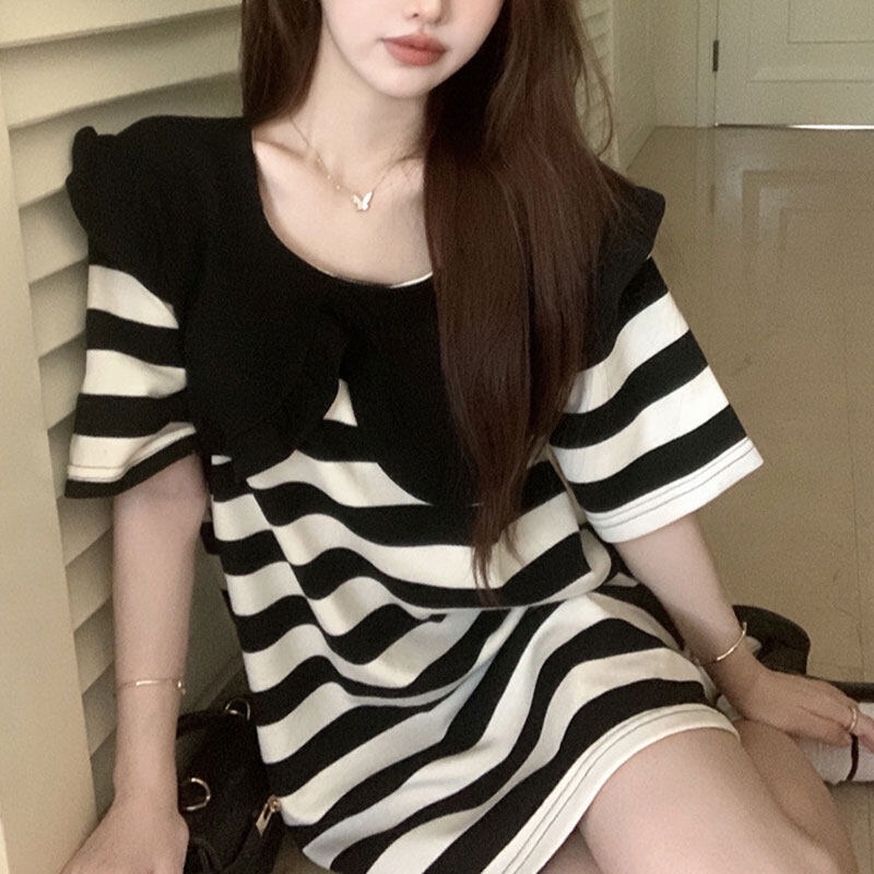Đầm YEYA tay ngắn dáng suông họa tiết kẻ sọc tương phản phong cách thời trang Hàn Quốc