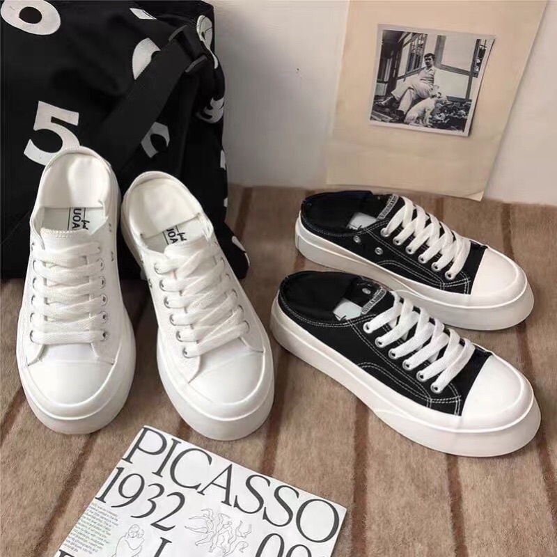 Giày thể thao canvas đế bánh mì đạp gót kèm ảnh thật