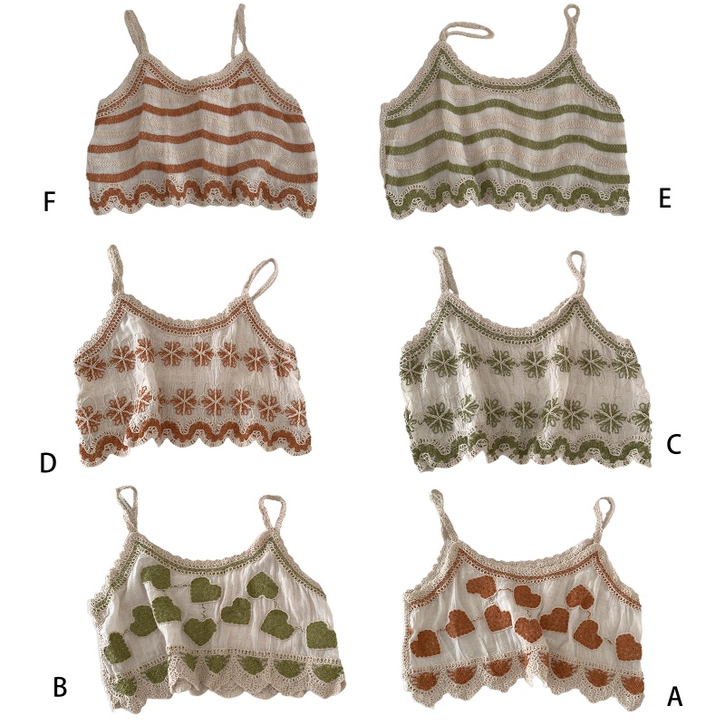 Áo Croptop Hai Dây Dệt Kim Vải Cotton Lanh Thêu Hình Trái Tim Dành Cho Nữ