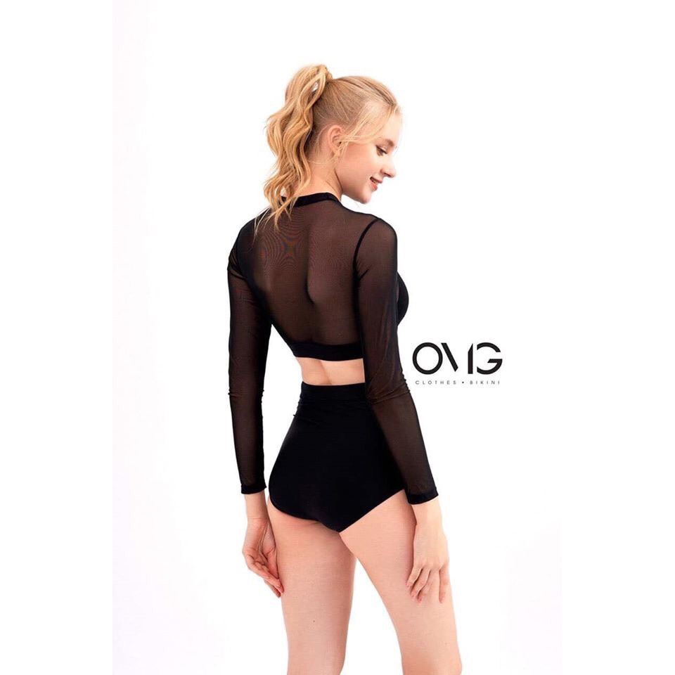 Bikini bộ bơi tay dài phối lưới thời thượng (Đen và trắng) EVA TDL