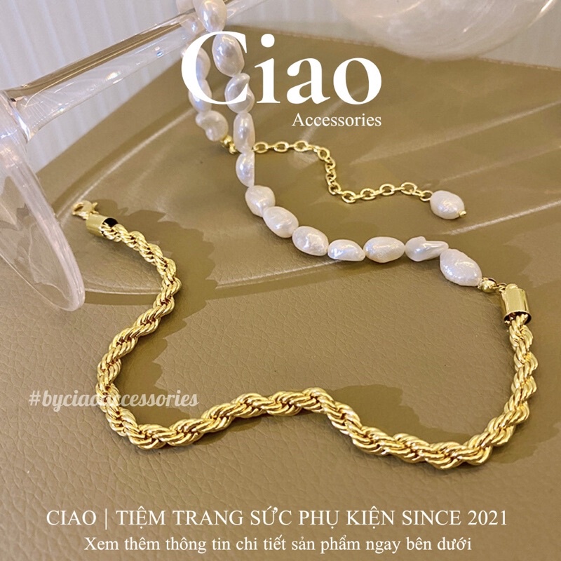 [HOẢ TỐC 1H] Dây chuyền/ Vòng cổ thiết kế dây xoắn kết hợp hạt trai nước ngọt trendy Kimkisie Ciao