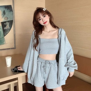 SET ULZZANG ÁO HOODIE NỮ TRƠN 3 MÓN ÁO KHOÁC NỈ + ÁO 2 DÂY + QUẦN SOOC | A650
