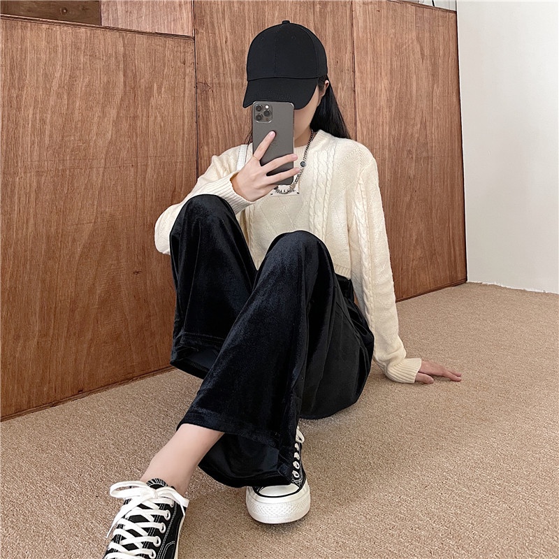 Quần nhung ống rộng phong cách Hàn Quốc mẫu mới thời trang xuân thu cho nữ