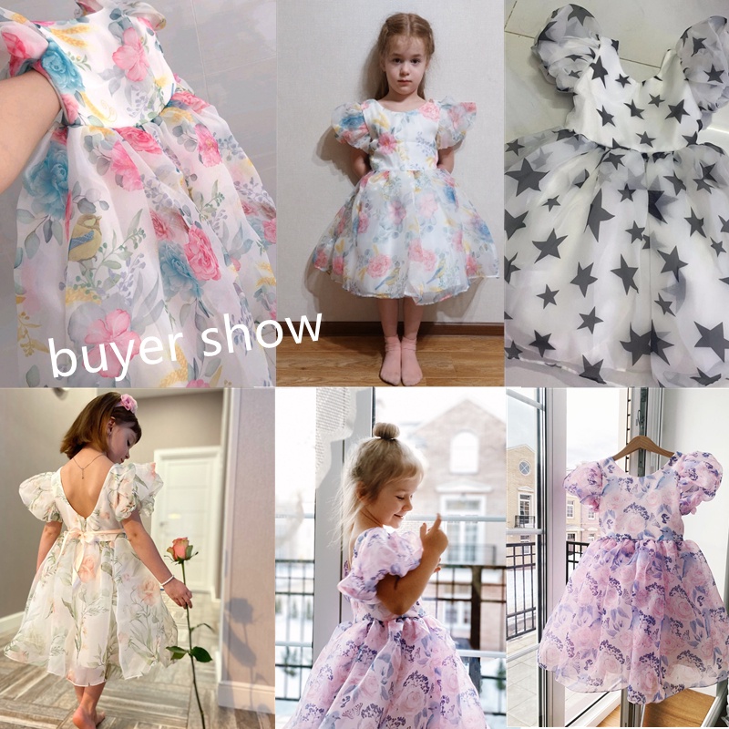 Đầm Công Chúa Tay Phồng Họa Tiết Hoa Xinh Xắn Thời Trang Dự Tiệc Cho Bé Gái