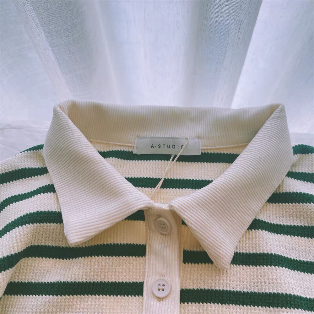 𝗺𝗶𝗲 𝘀𝘁𝘂𝗱𝗶𝗼 - HÀNG CÓ SẴN T-shirt polo green áo có cổ phối sọc be xanh phong cách nhật thường