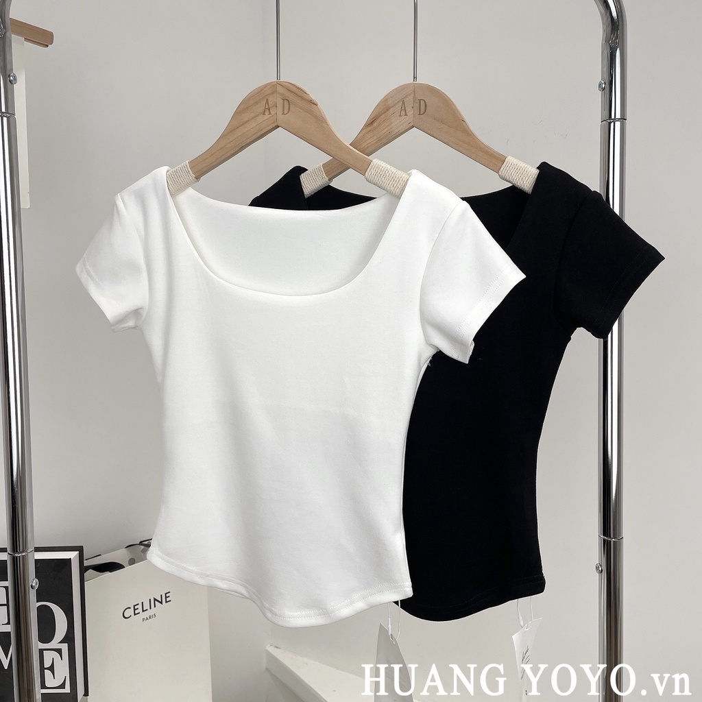 Áo Thun Tay Ngắn Cổ Chữ U Màu Trắng Trơn Thời Trang Phong Cách Hàn Quốc Cho Nữ